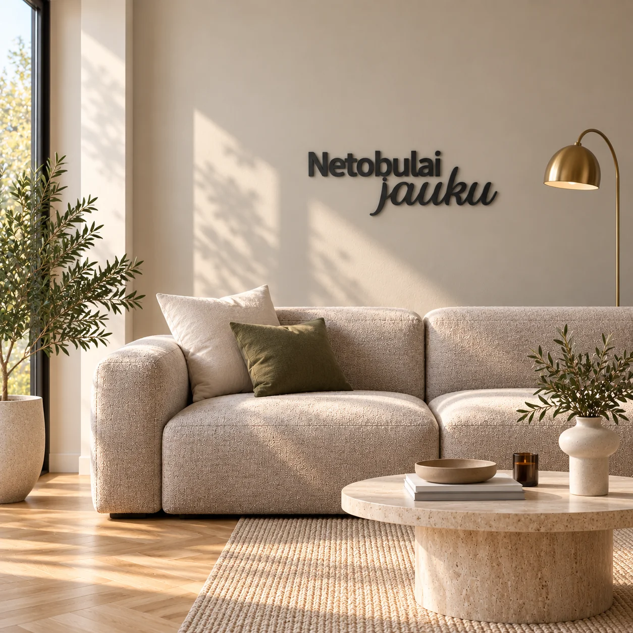 Užrašas „Netobulai jauku“ svetainėje virš sofos