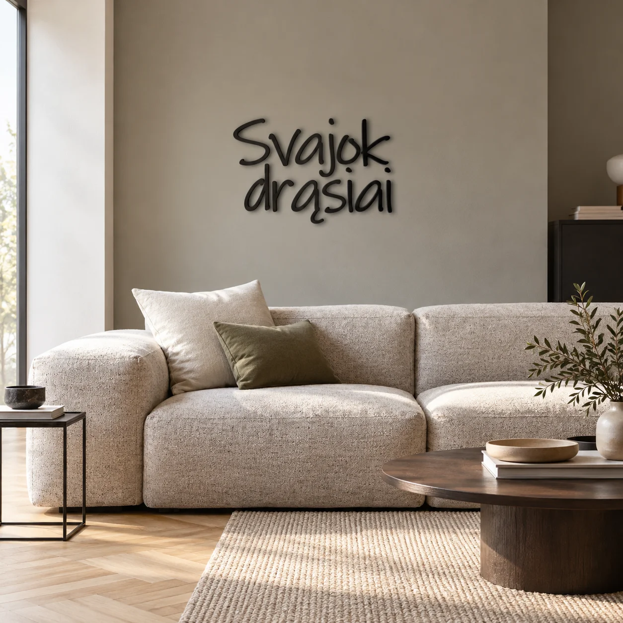 „Svajok drąsiai“ 3D užrašas virš sofos šviesioje svetainėje