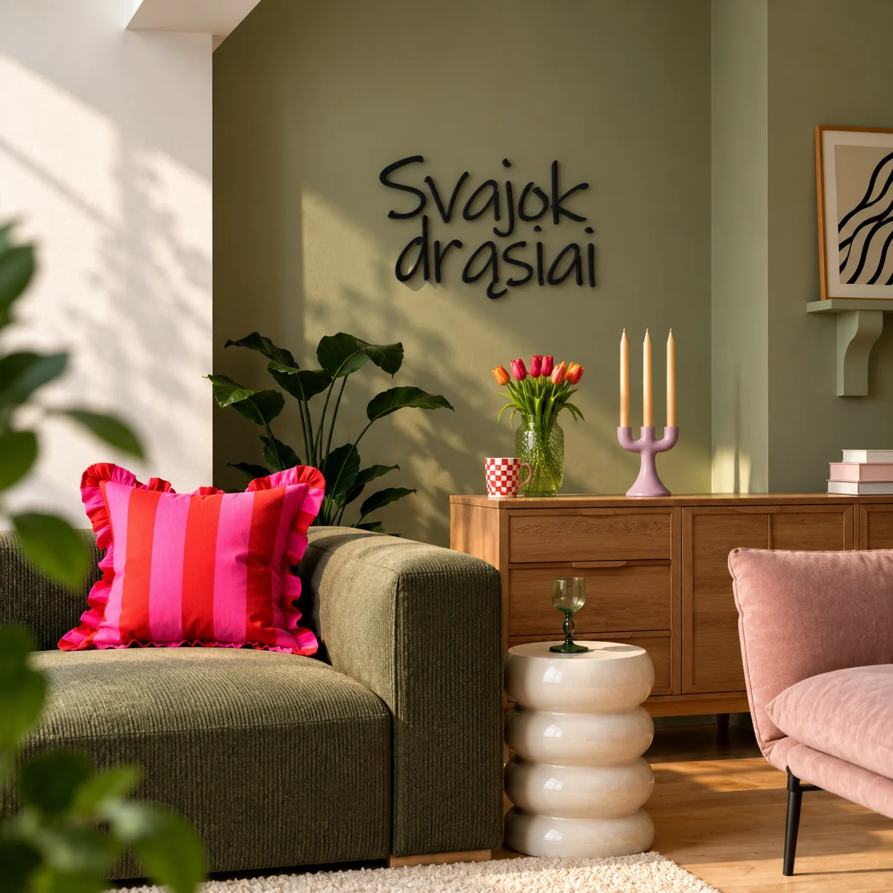 „Svajok drąsiai“ 3D užrašas spalvingos svetainės interjere