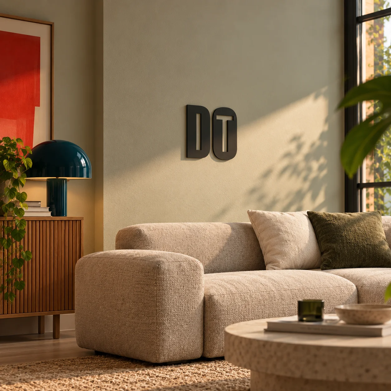 „DO IT“ 3D užrašas šviesios svetainės interjere